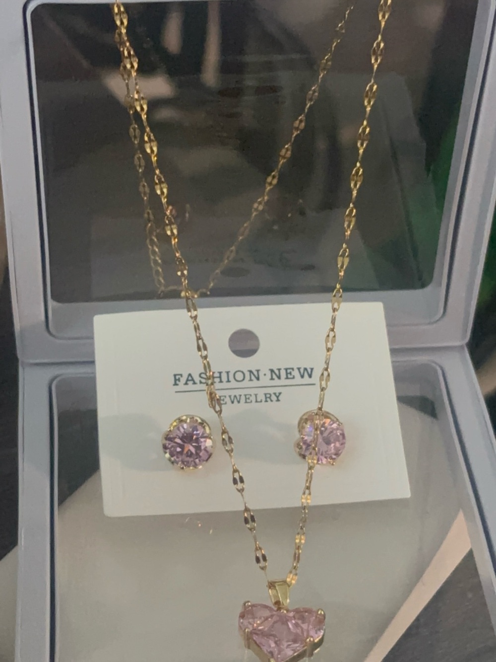 Gold Necklace and Pink Heart Stud Earrings Set